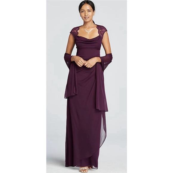 XSCAPE DRESS GOWN 10 MAXI LONG LACE SHEER MESH PURPLE BACK CUTOUT STAND COLLAR - Picture 1 of 10